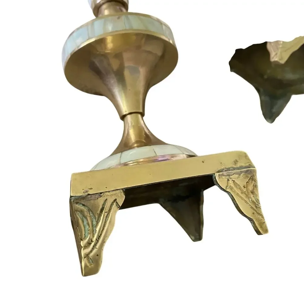 Set of TWO Heavy Brass Candlestick Holders Adorned with Mother of Pearl Shells